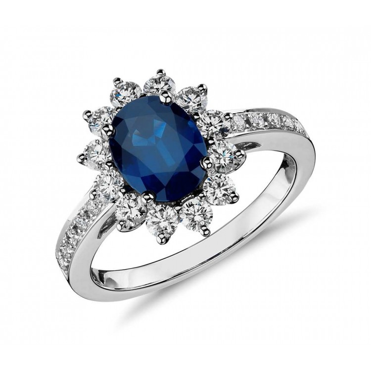 Oval Blue Natural Sapphire and Diamond Engagement Ring in18k White Gold