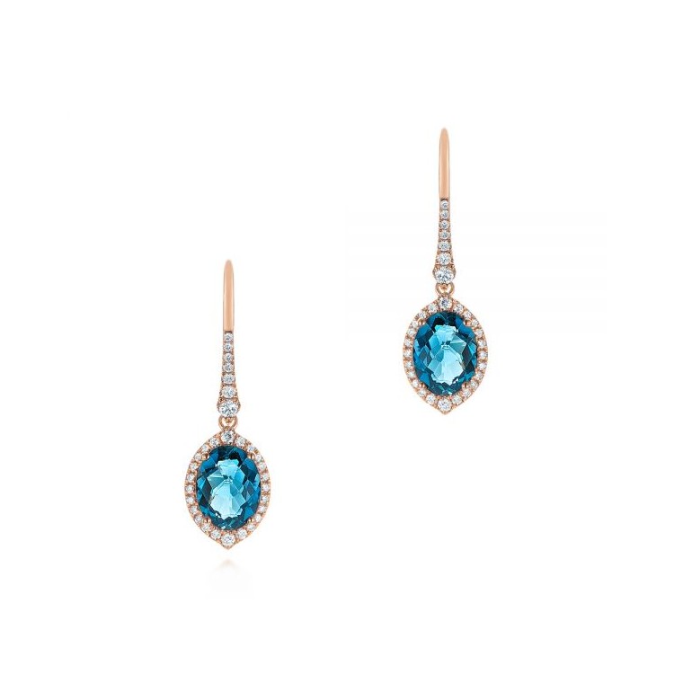 18k Rose Gold Earrings with Natural Diamonds and London blue Topaz